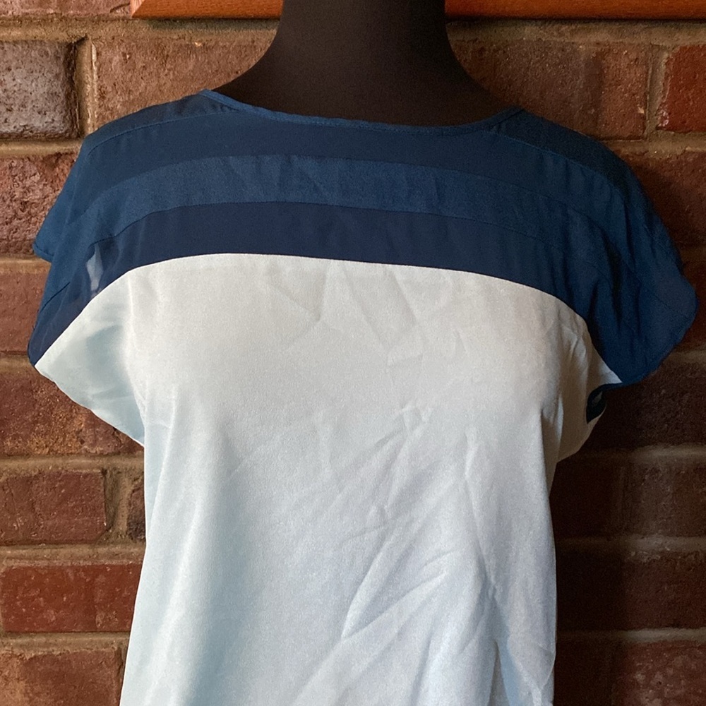 New York & Co. two toned blue color block knit & chiffon boat neck top